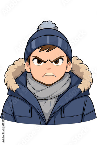 A close-up of an enraged man glaring, wearing a winter jacket, with a fierce expression