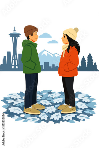 A man and a woman in hemp shoes look at each other on a bed of frosted winter leaves in Seattle, Washington