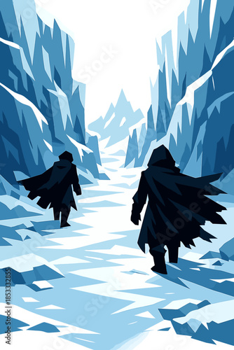 Two shadowy figures move through a stark, icy corridor, their cloaks flaring against the cold, suggesting a dangerous journey or impending conflict