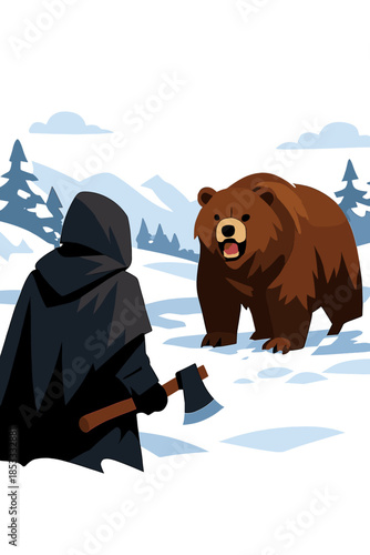 A hooded figure faces a bear in a snowy landscape, wielding an axe, in a winter encounter