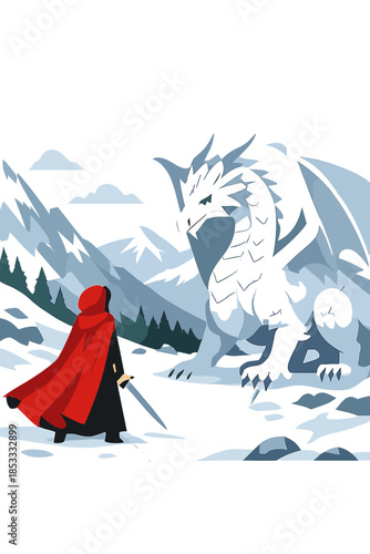 A woman wearing a red cloak faces a magnificent white dragon in a snowy mountain valley