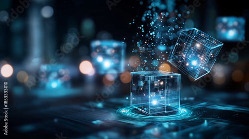 Futuristic abstract digital background with glowing blue cubes and data particles, technology innovation visualization, big data concepts, artificial intelligence theme, defocused 