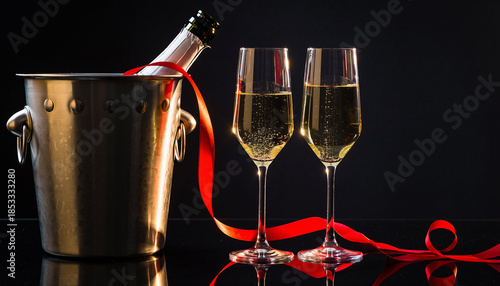 Chłodzony w lodzie szampan z kiszkami na tle sztucznych ogni 