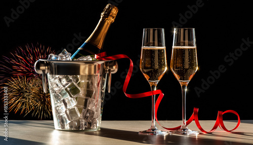 Chłodzony w lodzie szampan z kiszkami na tle sztucznych ogni 