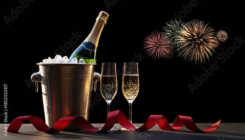 Chłodzony w lodzie szampan z kiszkami na tle sztucznych ogni 