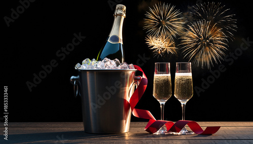 Chłodzony w lodzie szampan z kiszkami na tle sztucznych ogni 