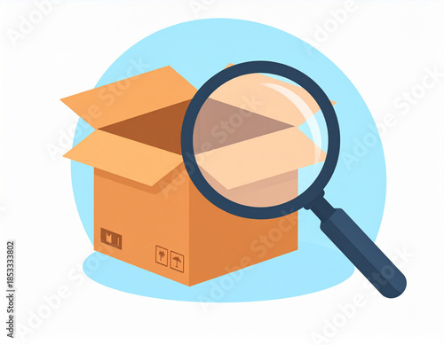 Magnifying glass inspecting an empty cardboard box. Search results or out of stock concept flat vector. Generative AI