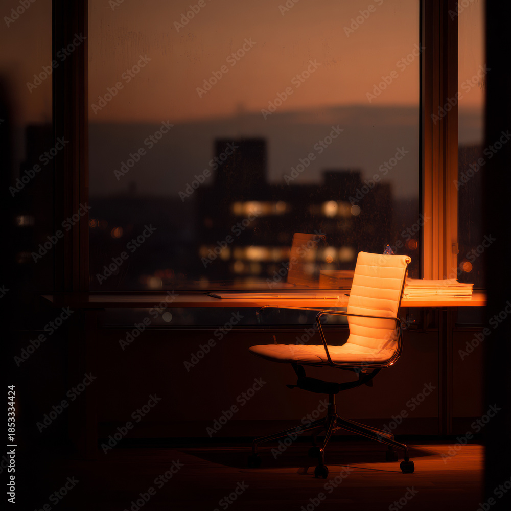 Fototapeta premium An empty office chair by a window at sunset, symbolizing paused work, unfinished decisions, and human absence in a modern organization.