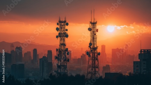 Sunset skyline with silhouetted communication towers. Artificial intelligence image
