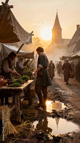 Medieval Village Market Scene with Merchants Setting Up Stalls at Sunrise with Church Silhouette