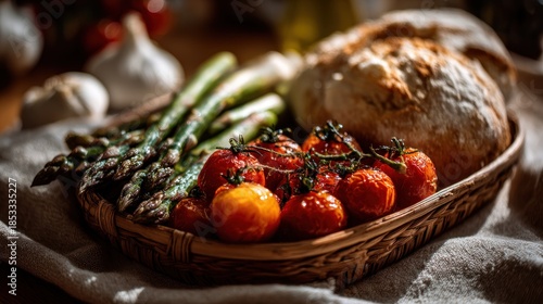 Rustic Food Still Life with Roasted Tomatoes, Asparagus, and Fresh Bread