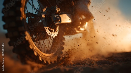 Close up of a motocross motorcycle tire kicking up dirt and dust during a race.