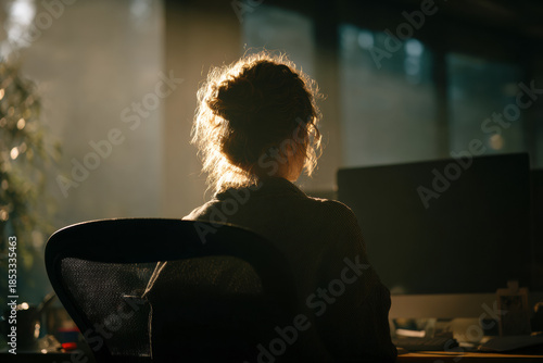 A person sits quietly at a desk, surrounded by information, working within a digital environment without visible automation.