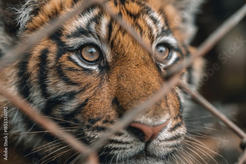Close up of a Tiger's Intense Gaze Through Fence