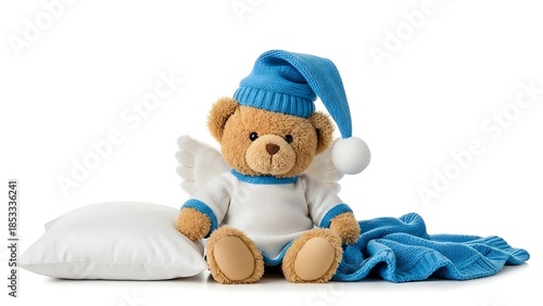 Dreamy Nights with Teddy: This enchanting image captures a teddy bear dressed for sleep, complete with a cozy cap, and angel wings, nestled beside a pillow and blanket.