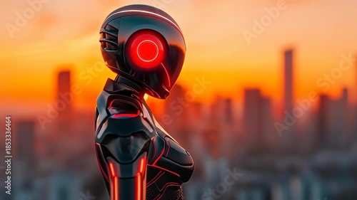 Futuristic Robot Contemplation: A sleek, advanced robot gazes thoughtfully at a sprawling cityscape under a vibrant sunset, embodying technological progress.