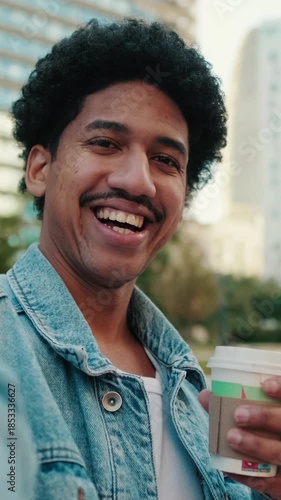 Happy Man Taking Selfie In City Park