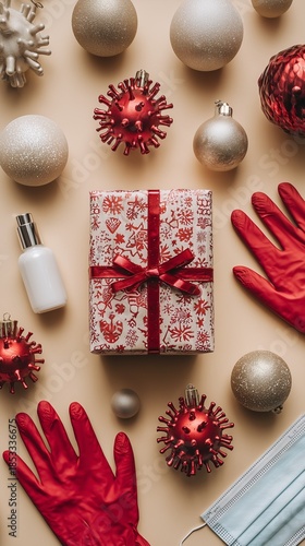 Gift box surrounded by Christmas decorations and safety items on a neutral background during holiday season