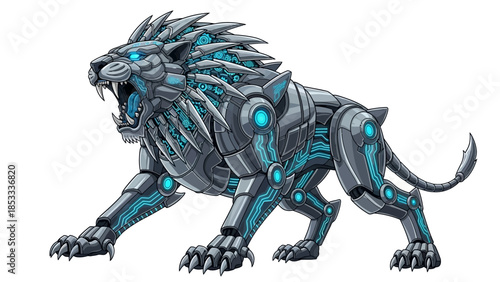 Cybernetic Lion Robot Roaring with Blue Circuits Isolated on White Background