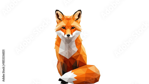 Red Fox Sitting Isolated on White Background, Low Poly Art