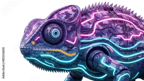 Futuristic Chameleon with Neon Lights Isolated on White Background