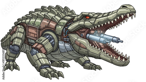 Cyborg Crocodile with Missile Launcher Isolated on White Background