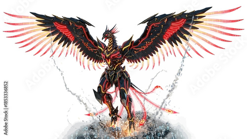 Mythical Phoenix Rising from Ashes with Fiery Wings Isolated on White Background