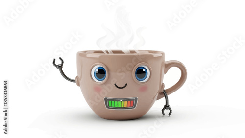 Cute Cartoon Coffee Cup with Arms and Eyes Isolated on White Background