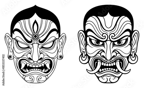 Fierce Asian theater masks duo – dramatic warrior faces with intricate tribal patterns, mythic folklore villain vector illustration