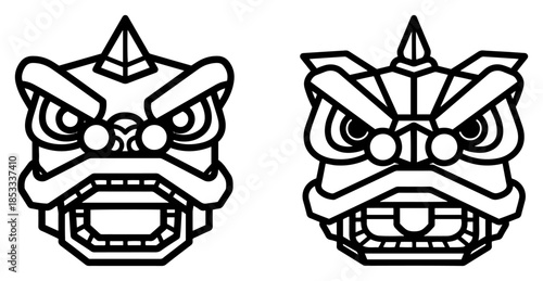 Chinese lion-dance mask line art – geometric guardian lion head icon for Lunar New Year celebration, festive oriental culture vector illustration