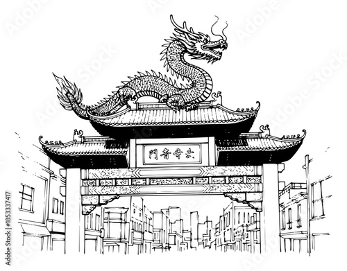 Chinatown gate with dragon line art – ornate paifang archway above bustling city street, iconic cultural landmark travel vector illustration