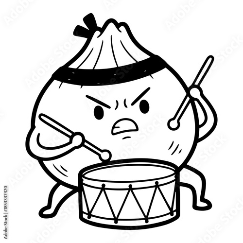 Cute dumpling drummer cartoon – kawaii steamed bao with headband beating parade drum, funny Asian street-food mascot vector illustration
