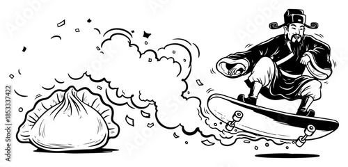 Ancient Chinese scholar on skateboard chasing dumpling – playful mash-up of tradition and modern street culture, dynamic comic vector illustration