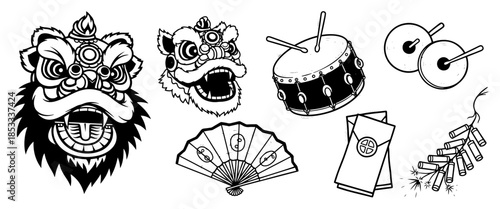 Lunar New Year celebration icons set – lion heads, drum, cymbals, fan, red envelope and firecrackers line-art collection, festive Chinese clip-art vector illustration