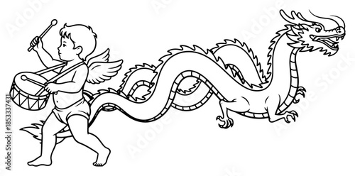 Cupid leading Chinese dragon – playful east-meets-west love and luck parade, mythic fantasy fusion line art vector illustration
