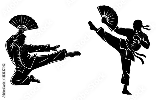 Kung fu fighters dynamic pose – wushu martial artists with fan and flying kick silhouette, traditional Chinese combat training vector illustration