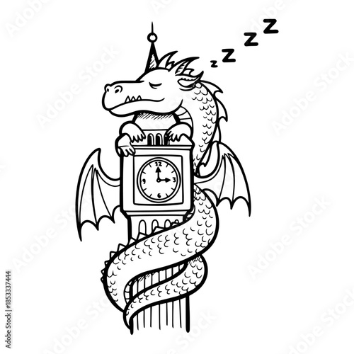 Sleepy dragon wrapped around clock tower – whimsical fantasy time-keeper guardian vector illustration