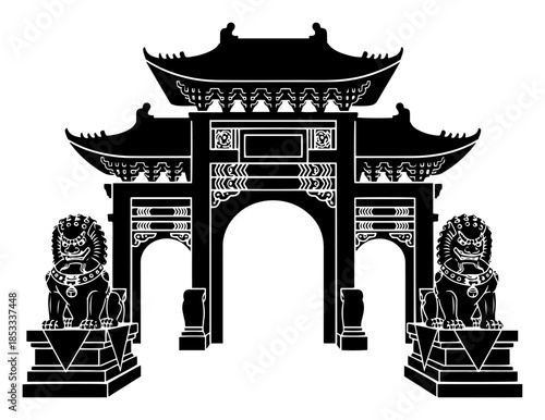 Traditional Chinese paifang gate with stone guardian lions – ornate imperial arch landmark vector illustration