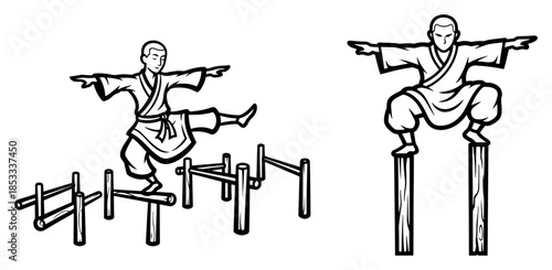 Kung fu balance training on wooden poles – Shaolin monk practicing crane stance agility obstacle course vector illustration