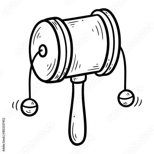 Handheld pellet drum toy – retro den-den daiko percussion instrument line art vector illustration