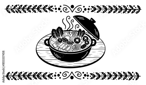 Traditional Asian seafood noodle soup served in hot clay pot with decorative folk border – delicious steaming ramen vector illustration