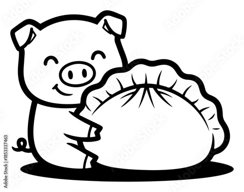 Happy pig hugging giant dumpling – cute zodiac piglet with steamed bun, Asian street-food mascot vector illustration