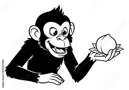 Cheeky monkey grasping longevity peach – playful primate with lucky fruit, Chinese zodiac animal vector illustration