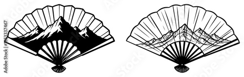 Ornamental folding hand fan with mountain landscape – elegant oriental accessory line art traditional souvenir vector illustration