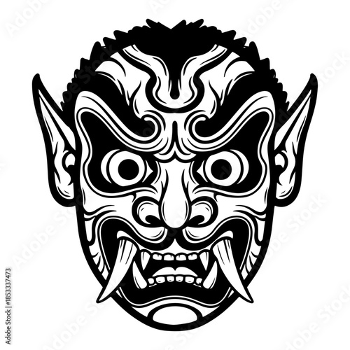 Fierce oni demon mask – menacing Japanese folklore monster face with horns and fangs, tattoo style vector illustration