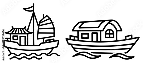 Asian sampan sailboat and floating houseboat line art – minimalist traditional river fishing transport vector illustration