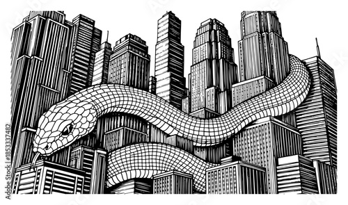Giant serpent coiling through city skyscrapers – surreal urban fantasy destruction scene vector illustration