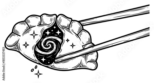 Cosmic dumpling with galaxy filling held by chopsticks – whimsical space food fusion vector illustration
