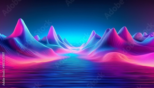 abstract glowing 3d terrain in vibrant blue and pink neon light resembling futuristic mountains and valleys with surreal textures and digital landscape atmosphere
