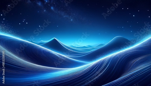 abstract glowing blue waves under a starry night sky with sparkling cosmic light blending futuristic digital terrain with a surreal celestial landscape atmosphere